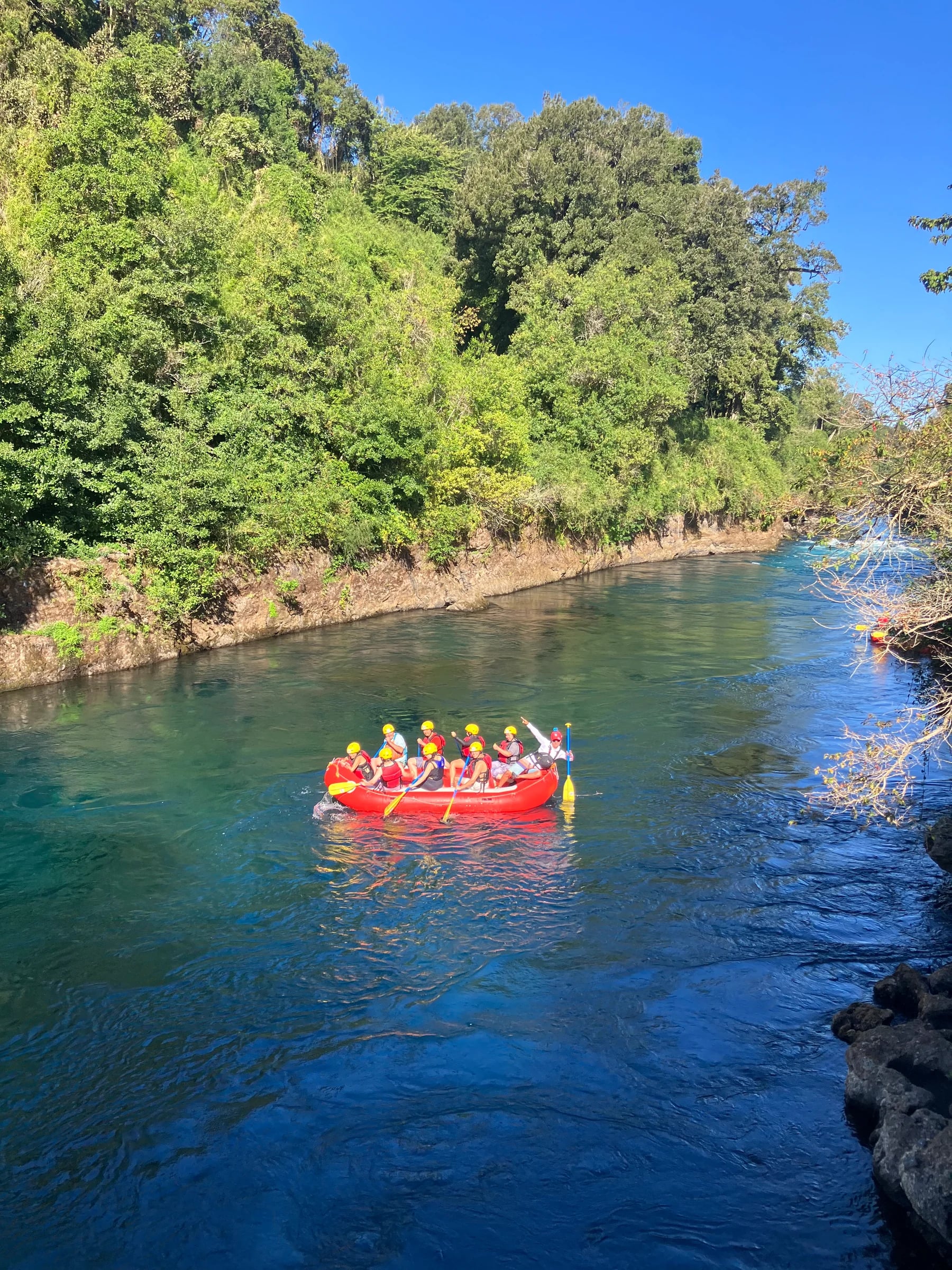 Balsa flotando en un tramo tranquilo del río rodeado de bosque